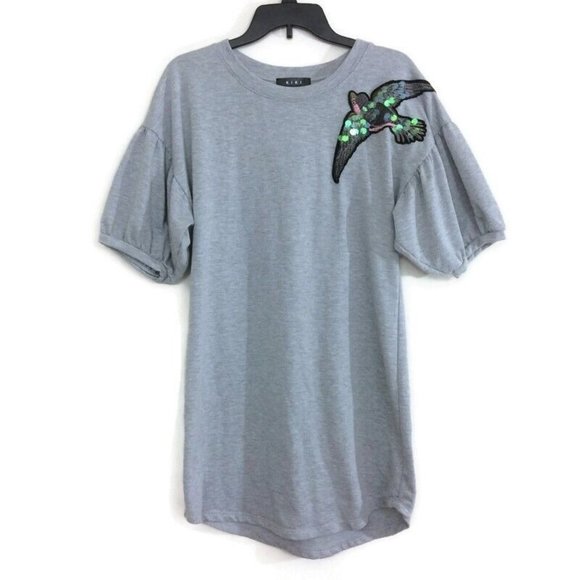 Kiki Dresses & Skirts - Kiki Women's Shirt Dress Gray Bird Sequin Appliqué Short Balloon Sleeves Medium